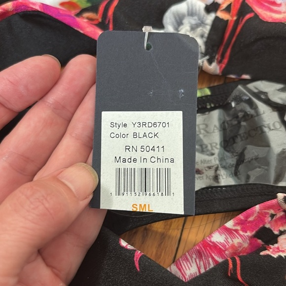 Rachel Roy Ruched-Side Bikini Bottoms Black Pink Floral Small NWT - Picture 5 of 7